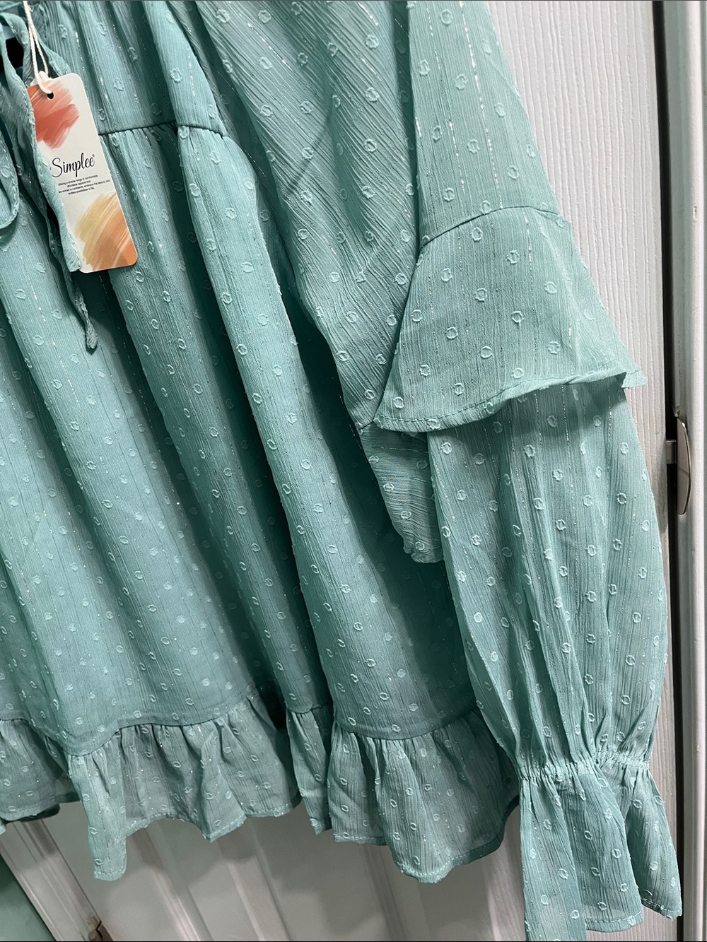 Simplee Apparel Aqua Colored Smocked Ruffle Peasant Blouse - Picture 5 of 5
